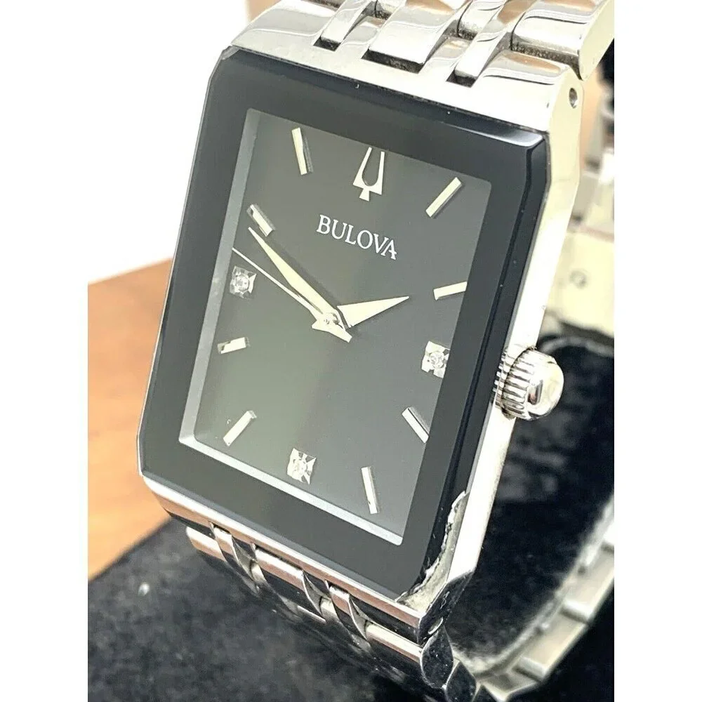 Bulova Men's Watch 96D145 Diamond Black Dial Silver Stainless Steel Quartz CHIP
